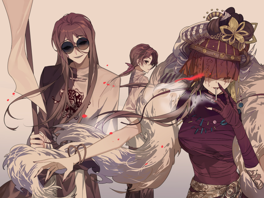 1girl, 2boys, black_coat, black_hair, black_pants, breasts, cabinc, character_request