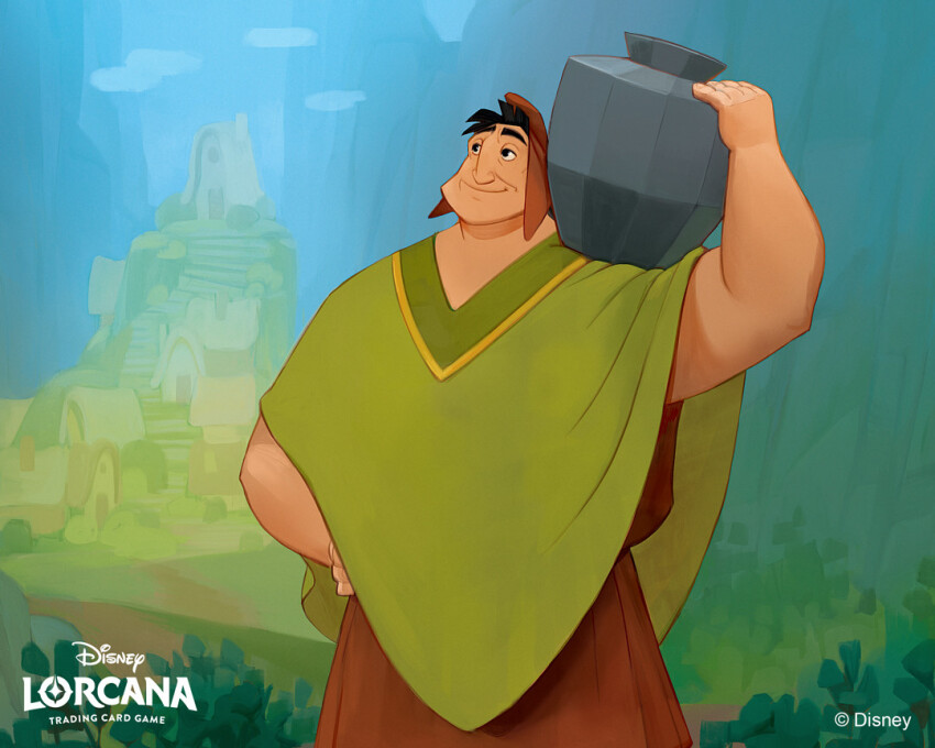 1boy, amandine_girard, black_hair, brown_hat, brown_tunic, copyright_name, day, disney_lorcana, english_text, green_poncho, hand_on_own_hip, hat, holding, official_art, outdoors, pacha_(the_emperor's_new_groove), pottery, short_hair, signature, solo, the_emperor's_new_groove, tunic