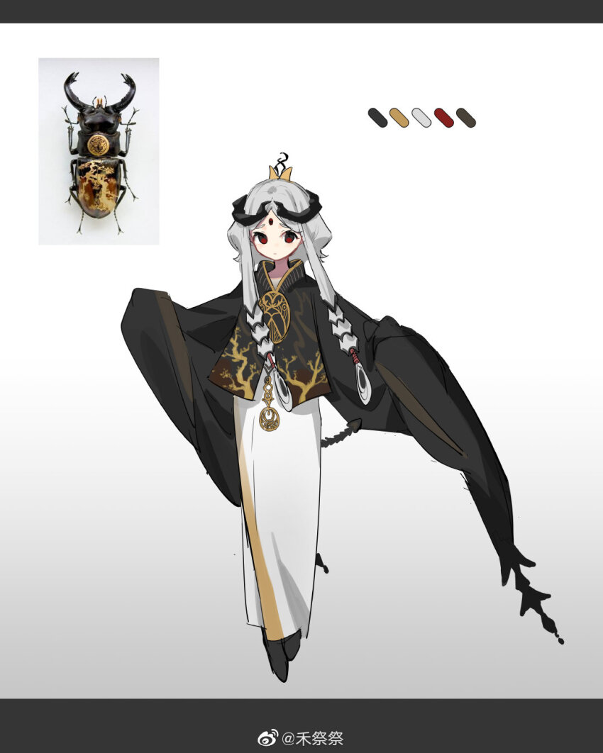 1girl, :o, beetle, black_boots, black_jacket, boots, bug, chinese_clothes