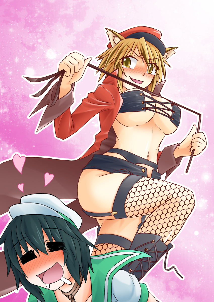 2girls, =_=, absurdres, animal_ears, bdsm, black_hair, blonde_hair, blush, boots, breasts, cleavage, dominatrix, female_focus, fishnet_legwear, fishnets, from_below, garter_belt, hat, highres, ken_tatsuki, lace_up_front, large_breasts, multiple_girls, murasa_minamitsu, okkiiwanko, sailor, sailor_collar, sailor_hat, short_hair, strapless, thighhighs, toramaru_shou, touhou, tube_top, whip, yellow_eyes
