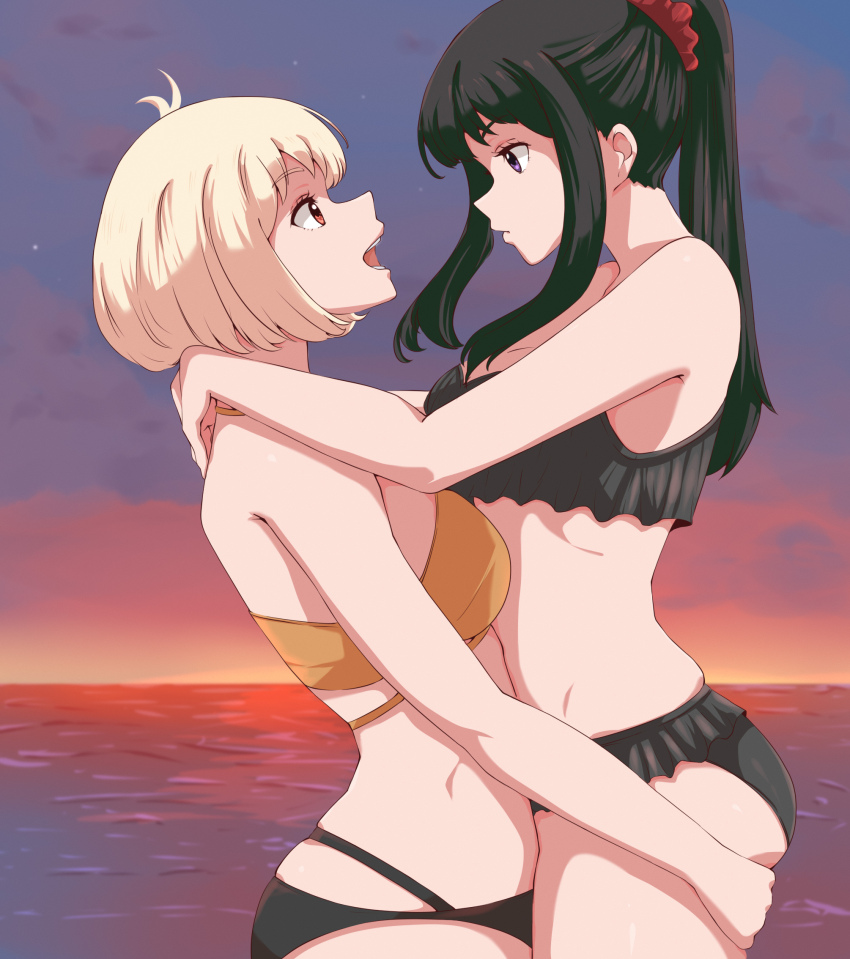 2girls, bikini, black_bikini, black_hair, blonde_hair, chisato_carrying_takina_(lycoris_recoil), closed_mouth, commentary, eye_contact, hair_ornament, hair_scrunchie, highres, horizon, inoue_takina, long_hair, looking_at_another, lycoris_recoil, multiple_girls, nishikigi_chisato, one_side_up, open_mouth, orange_bikini, ponytail, purple_eyes, red_eyes, red_scrunchie, scene_reference, scrunchie, short_hair, sidelocks, swimsuit, teeth, yuri, yuriyurisuki