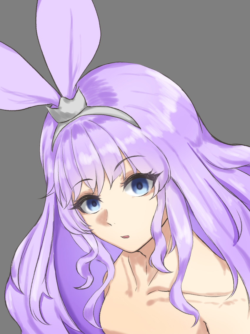 1girl, alternate_breast_size_(smaller), bad_id, bad_pixiv_id, blue_eyes, collarbone, delphinus_yukino_(saint_seiya:_rising_cosmo), empty_eyes, flat_chest, grey_background, highres, long_hair, looking_at_viewer, mrtyk_rush, nude, open_mouth, purple_hair, saint_seiya, saint_seiya:_rising_cosmo, simple_background, solo, wavy_hair