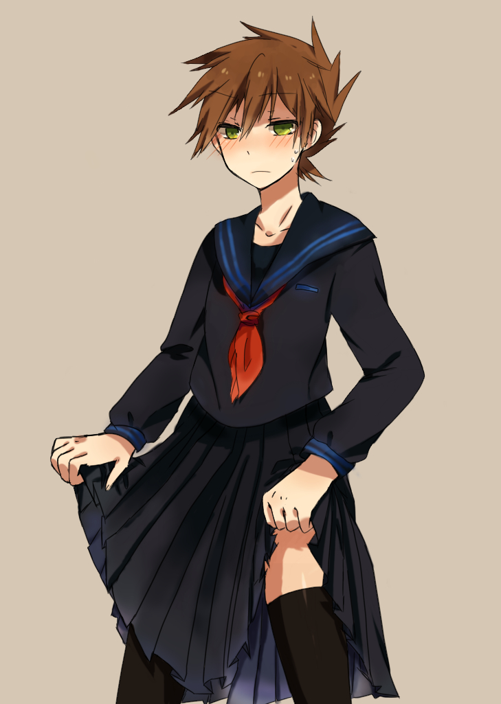 1990s_(style), 1boy, black_thighhighs, blue_oak, blush, brown_hair, clothes, clothes_lift, crossdressing, crossdressing_(mtf), frown, green_eyes, male_focus, nintendo, pokemon, pokemon_red/green/blue/yellow, retro_artstyle, school_uniform, short_hair, simple_background, skirt, skirt_lift, solo, sweatdrop, thighhighs, tomoyami