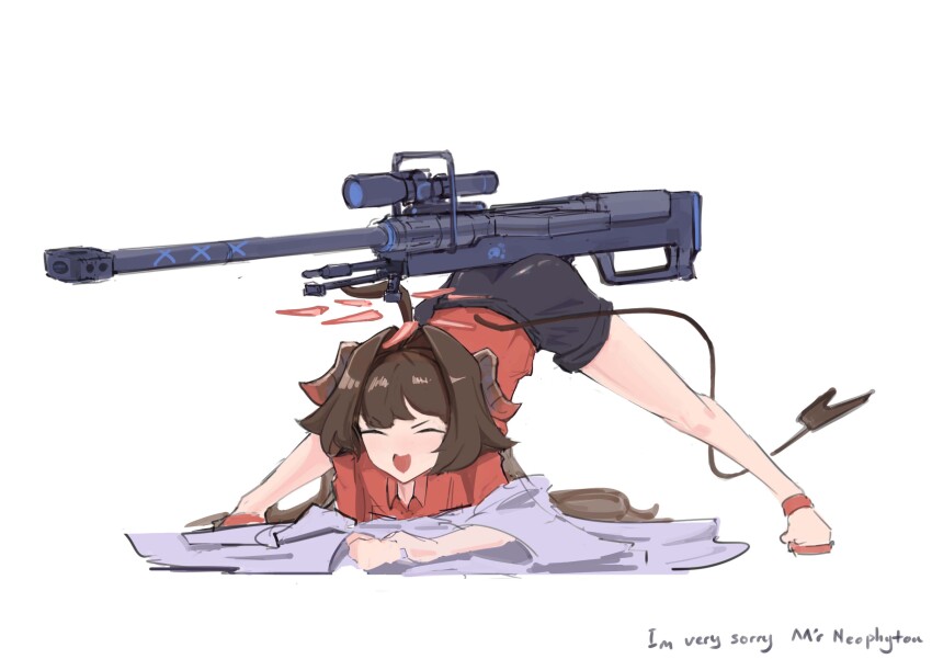 1girl, absurdres, ahoge, anti-materiel_rifle, ass, between_buttocks, black_shorts, black_tail, blue_archive, brown_hair, closed_eyes, demon_horns, full_body, gun, halo, halo_(series), highres, horns, human_bipod, jack-o'_challenge, kasumi_(blue_archive), long_hair, open_mouth, red_halo, red_shirt, rifle, shirt, shorts, simple_background, smile, sniper_rifle, solo, srs99, teoh_han_lin, top-down_bottom-up, weapon, white_background