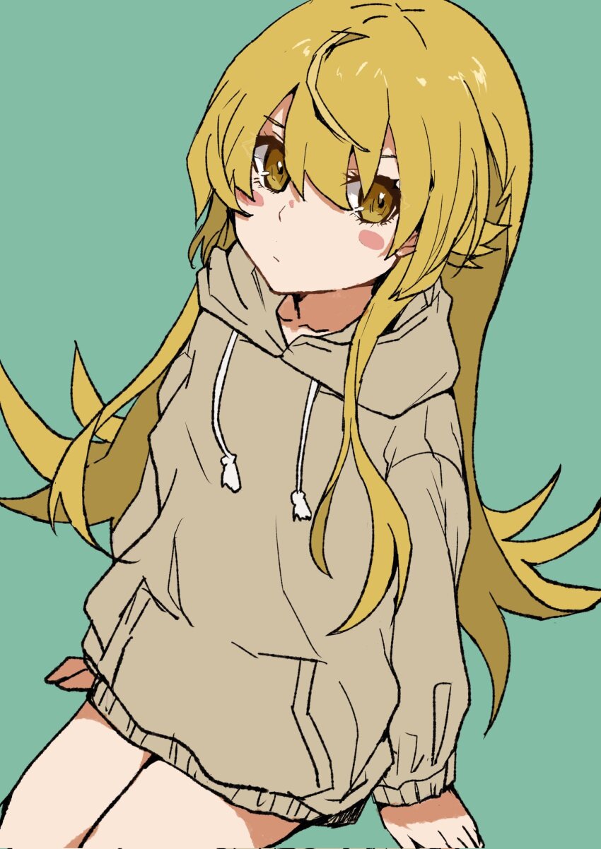 1girl, aqua_background, blonde_hair, blue_background, blush_stickers, closed_mouth, commentary_request, cowboy_shot