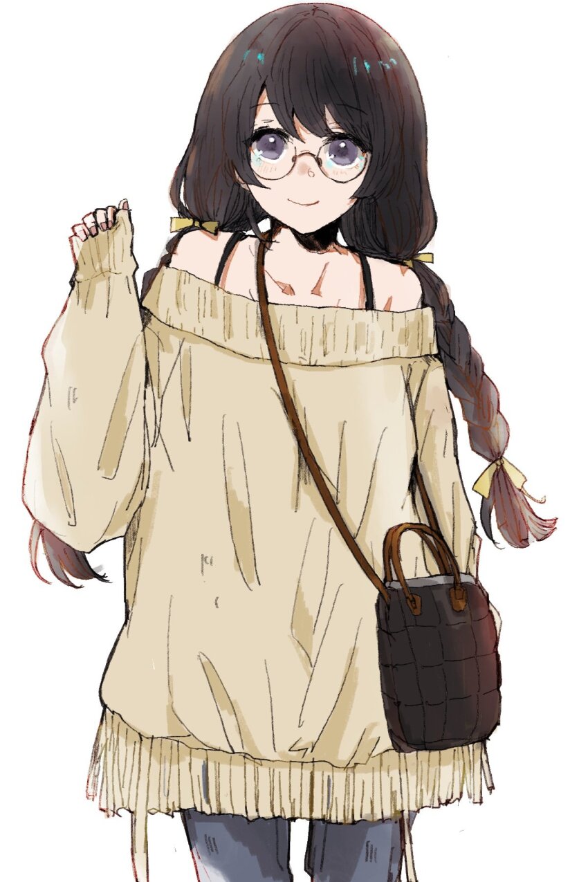 1girl, bag, bare_shoulders, black_hair, braid, closed_mouth, collarbone, commentary_request