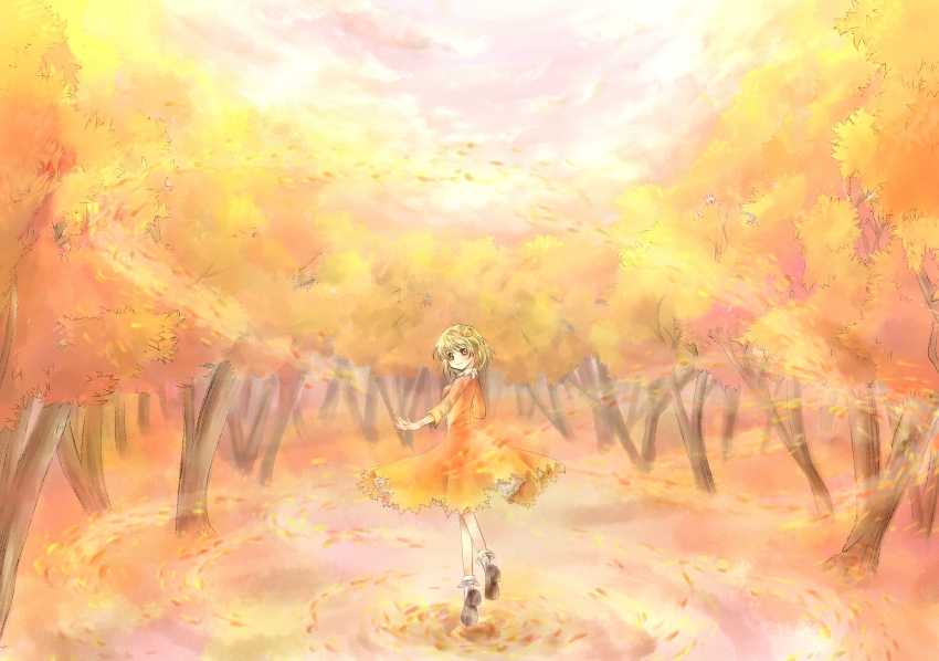 1girl, aki_shizuha, bad_id, bad_pixiv_id, blonde_hair, blush, brown_shoes, dancing