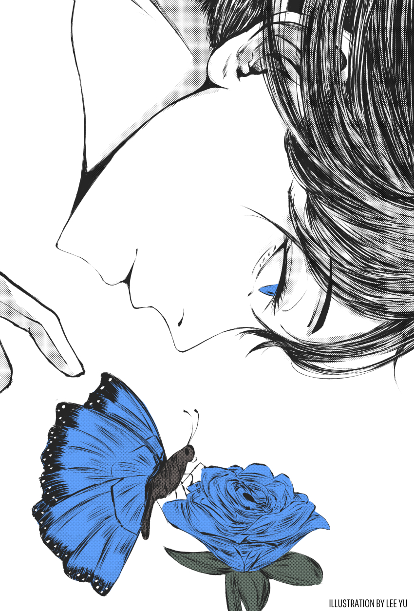1girl, absurdres, ado_(utaite), artist_name, black_hair, blue_eyes, blue_flower, blue_rose