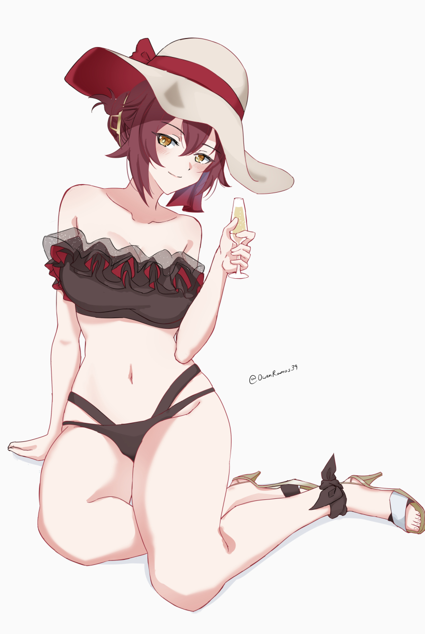 1girl, absurdres, bare_legs, bare_shoulders, bikini, black_bikini, breasts, cup, eden_(honkai_impact), full_body, hair_between_eyes, hat, high_heels, highres, holding, holding_cup, honkai_(series), honkai_impact_3rd, large_breasts, looking_at_viewer, navel, official_alternate_costume, owenramos39, red_hair, seiza, short_hair, sitting, smile, solo, stomach, sun_hat, swimsuit, thighs, twitter_username, white_background, yellow_eyes