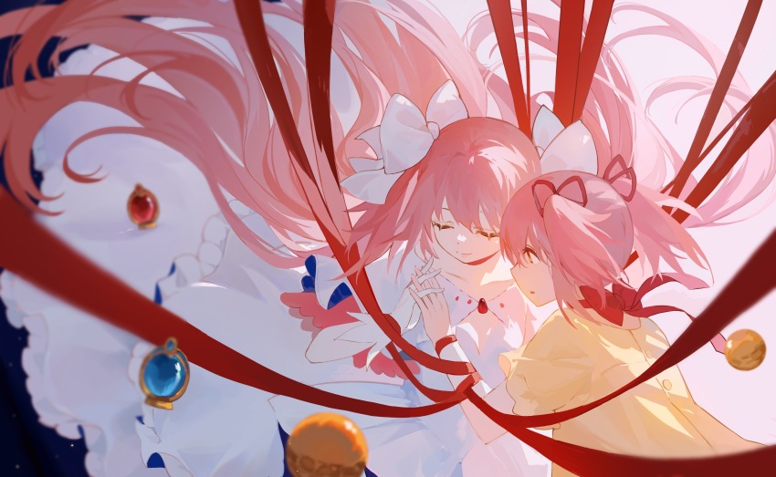 2girls, absurdres, akui_(xinjinjumin331144656321), belt, blouse, blue_background, bow, bow_choker