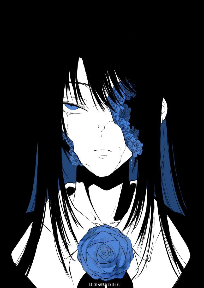 1girl, absurdres, ado_(utaite), artist_name, black_bow, black_bowtie, black_hair, blue_eyes, blue_flower, blue_hair, blue_rose, bow, bowtie, breaking, brooch, chando_(ado), collared_shirt, colored_inner_hair, english_text, flower, flower_brooch, highres, lee_yu, long_hair, multicolored_hair, rose, shadow, shirt, solo, two-tone_hair, upper_body