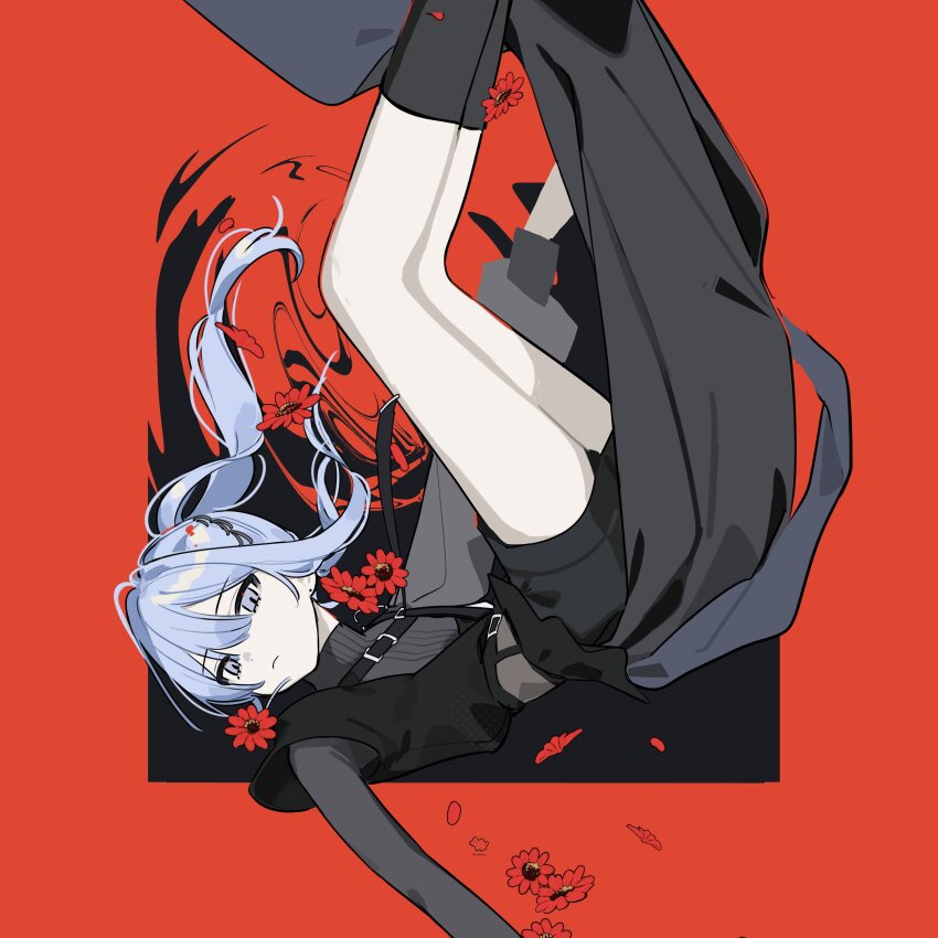 1girl, absurdres, asymmetrical_sleeves, black_shirt, black_shorts, black_skirt, black_socks, blue_eyes