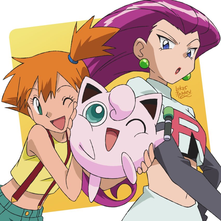 1girl, 2girls, ;d, asymmetrical_hair, blue_eyes, breasts, creature, crop_top, denim, earrings, english_text, eyelashes, gen_1_pokemon, gloves, green_eyes, gym_leader, hair_slicked_back, hair_tie, happy, highres, holding, holding_creature, holding_pokemon, hug, james_(pokemon), jessie_(pokemon), jewelry, jigglypuff, lipstick, long_hair, looking_at_viewer, lukas_thadeu, makeup, medium_hair, meowth, microphone, midriff, misty_(pokemon), multiple_girls, navel, nintendo, one_eye_closed, open_mouth, orange_hair, pokemon, pokemon_(anime), pokemon_(classic_anime), pokemon_(creature), ponytail, purple_hair, rachael_lillis, red_lips, shirt, short_hair, shorts, side_ponytail, skirt, sleeveless, smile, suspenders, tank_top, team_rocket, team_rocket_uniform, tongue, voice_actor_connection, white_skirt, wink, yellow_shirt, yellow_tank_top