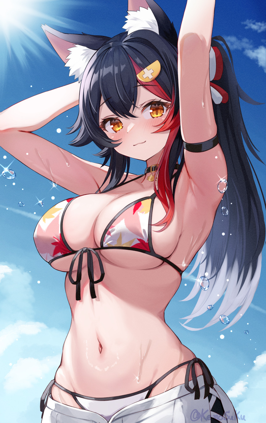 1girl, :3, absurdres, animal_ear_fluff, animal_ears, armpits, arms_up, artist_name