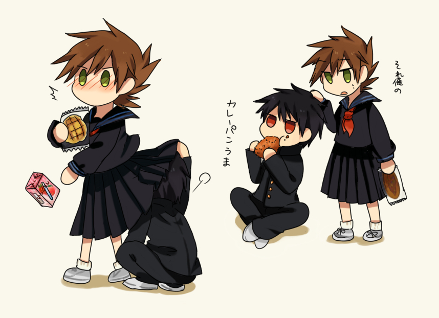 1990s_(style), 2boys, :t, black_hair, blue_oak, blush, brown_hair, chibi, clothes_lift, crossdressing, crossdressing_(mtf), eating, green_eyes, multiple_boys, nintendo, pokemon, pokemon_red/green/blue/yellow, red_(pokemon), red_eyes, retro_artstyle, school_uniform, short_hair, simple_background, sitting, skirt, skirt_lift, sweatdrop, text_focus, tomoyami