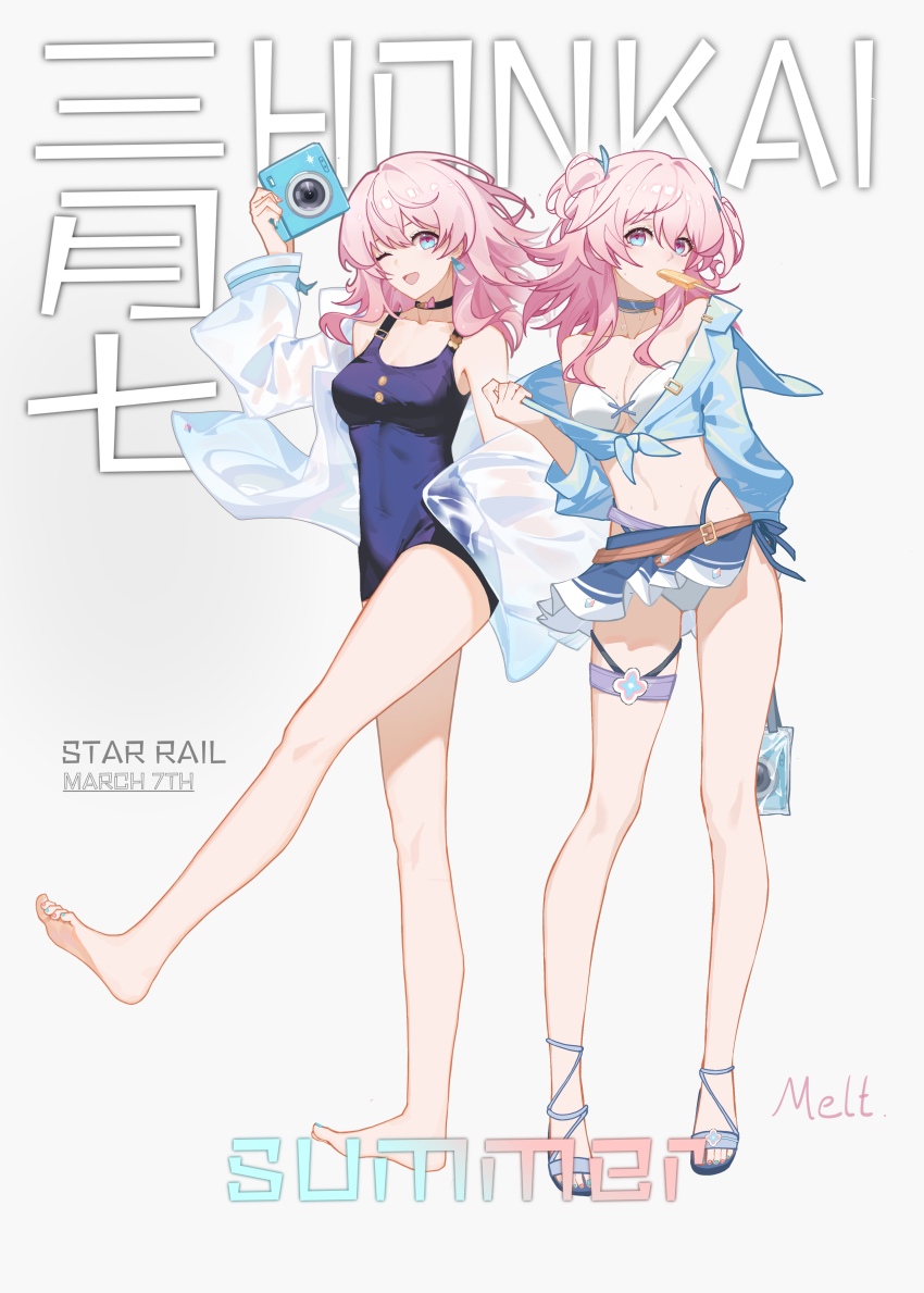 1girl, absurdres, artist_name, bare_legs, bare_shoulders, barefoot, bikini, bikini_skirt