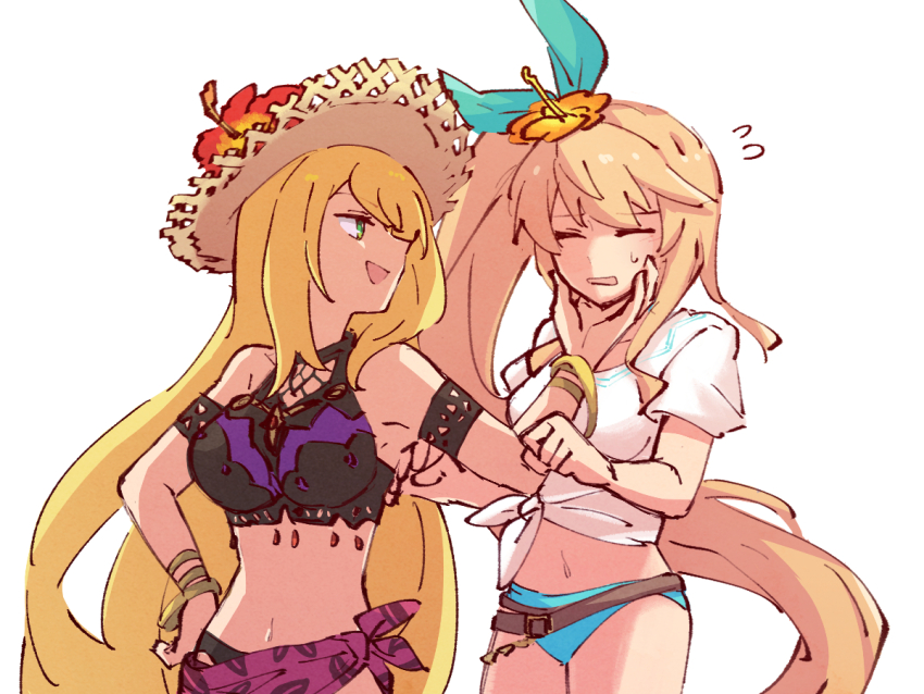2girls, alonemistrist, bare_shoulders, bikini, blonde_hair, blue_bow, bow, bracelet