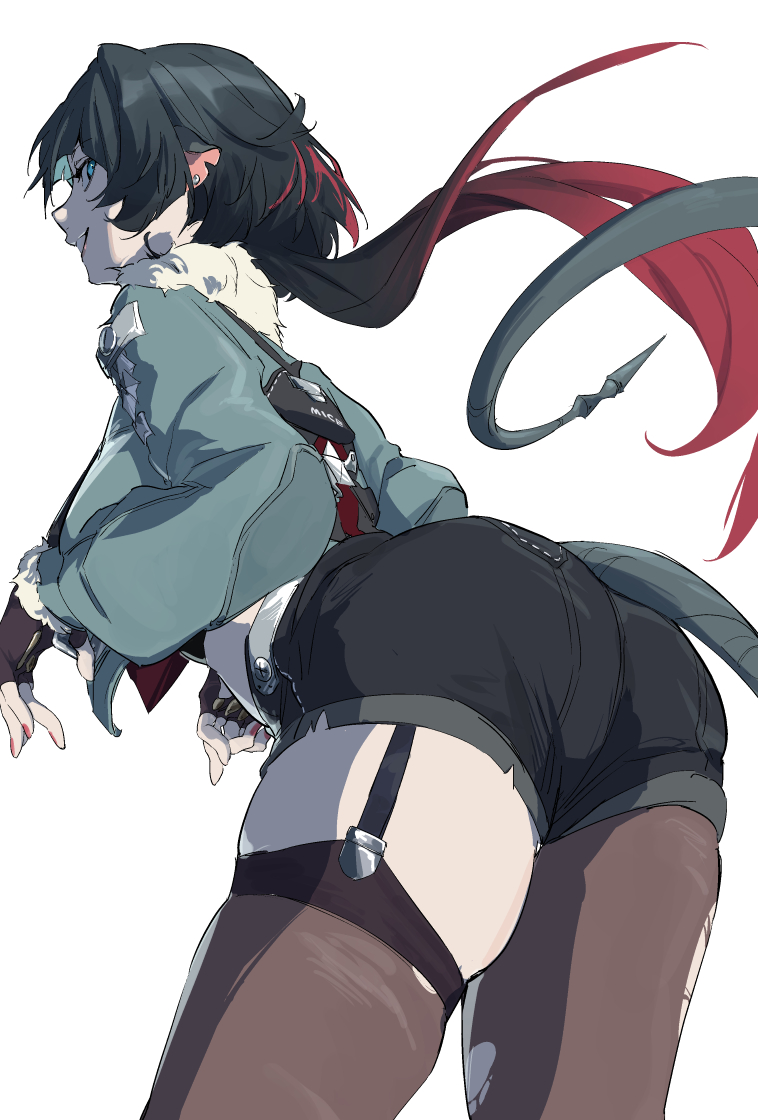 1girl, ass, black_hair, blue_jacket, cowboy_shot, fur-trimmed_jacket, fur_trim, garter_straps, gradient_hair, grey_pantyhose, grey_thighhighs, hst_426, jacket, jane_doe_(zenless_zone_zero), long_sleeves, multicolored_hair, pantyhose, red_hair, simple_background, single_leg_pantyhose, single_thighhigh, smile, solo, standing, tail, thighhighs, thighs, white_background, zenless_zone_zero