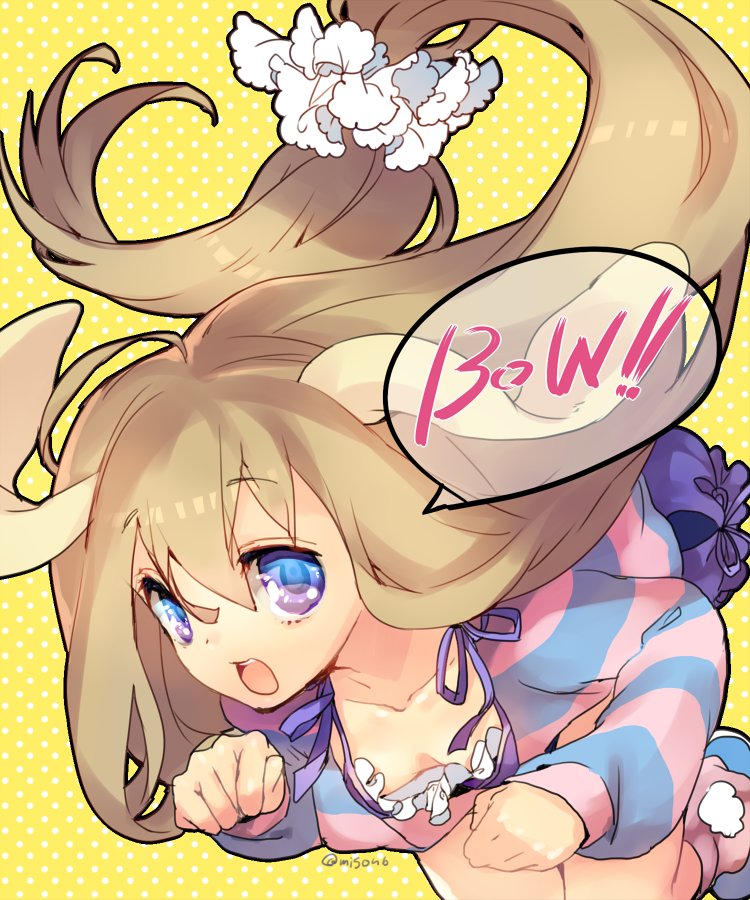 1girl, animal_ears, bemani, blue_footwear, breasts, brown_hair, cleavage, collarbone, dog_ears, dog_girl, hair_ornament, hair_scrunchie, inpr, long_hair, long_sleeves, looking_at_viewer, low-tied_long_hair, paw_pose, pink_socks, pochiko_(pop'n_music), pop'n_music, purple_eyes, scrunchie, shirt, socks, solo, speech_bubble, striped_clothes, striped_shirt, very_long_hair, yellow_background