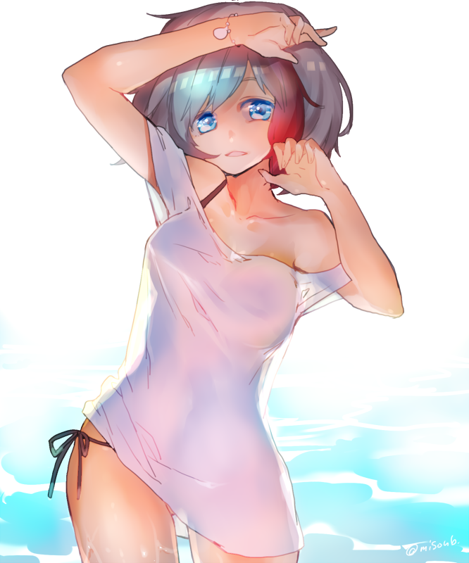 1girl, arm_up, beach, beatmania_iidx, bemani, bikini, blue_eyes, bracelet