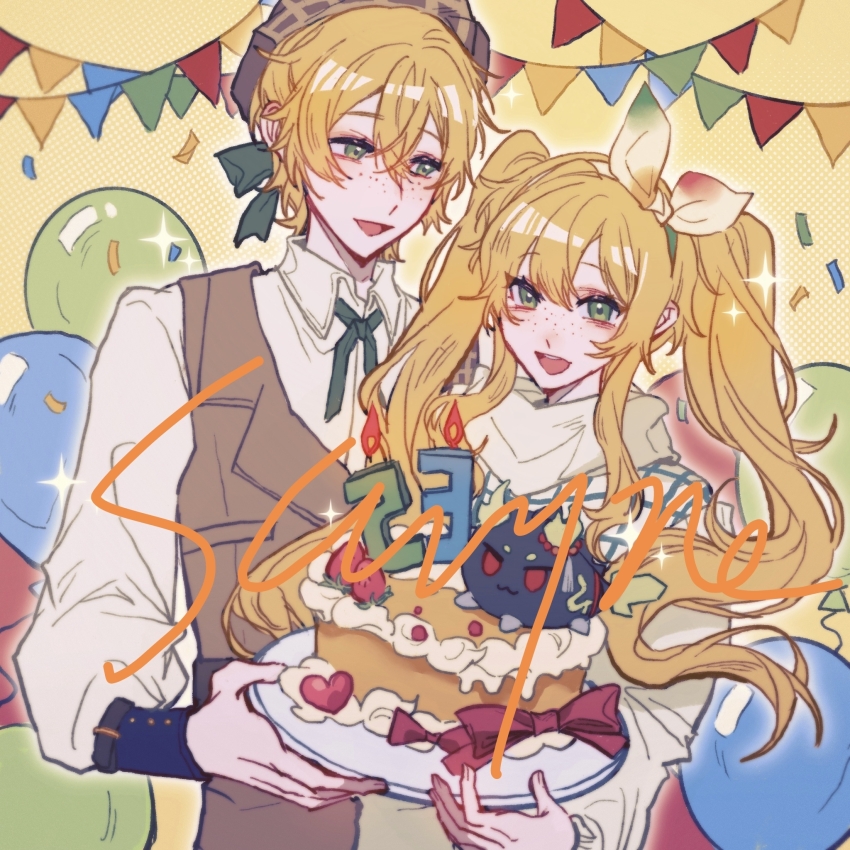 1boy, 1girl, balloon, blonde_hair, bow, brown_hat, brown_vest, cake, character_request, chinese_commentary, collared_shirt, commentary_request, commission, confetti, copyright_request, food, freckles, green_eyes, green_ribbon, hair_between_eyes, hair_bow, hat, highres, lili_buxiang_dong, long_hair, neck_ribbon, open_mouth, ribbon, scarf, shirt, smile, teeth, upper_teeth_only, vest, white_bow, white_scarf, white_shirt