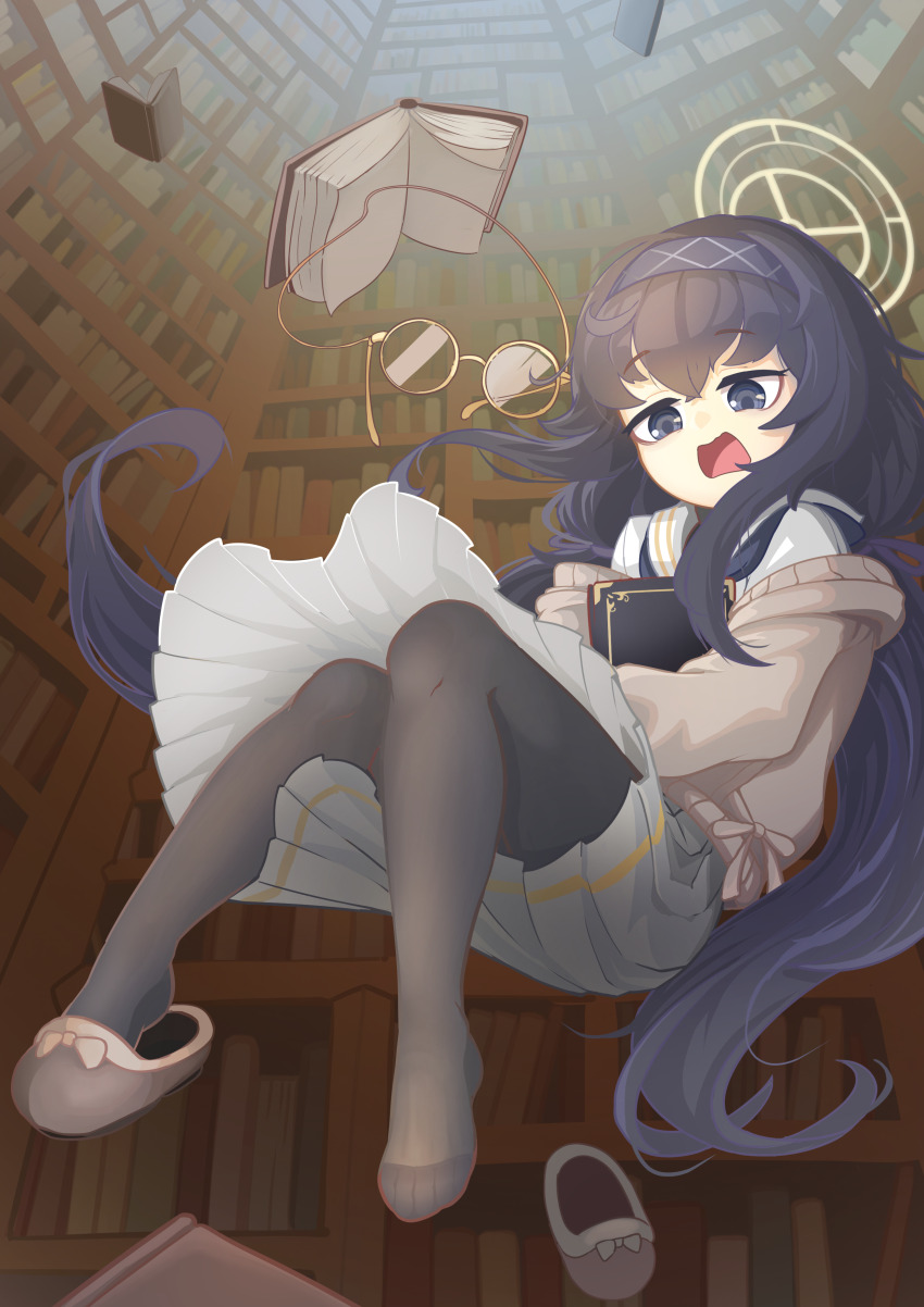 1girl, absurdres, black_eyes, black_hair, black_pantyhose, blue_archive, book, brown_cardigan