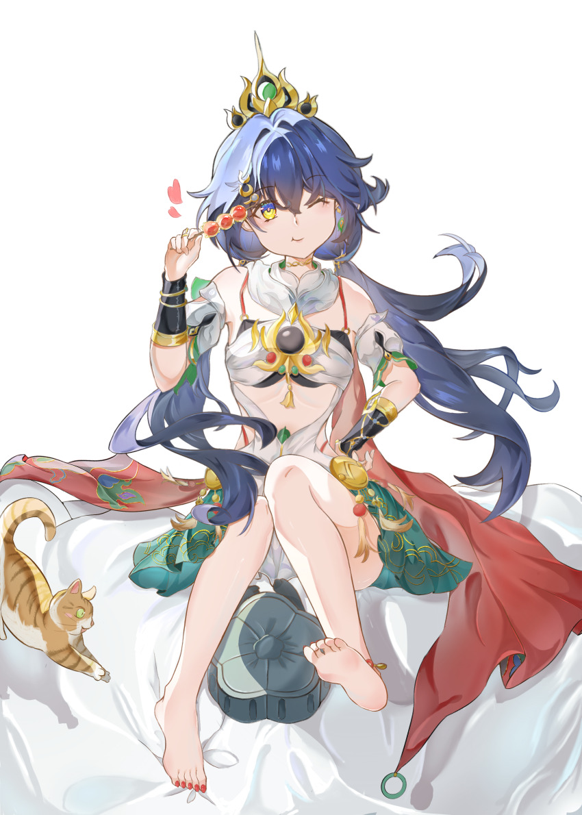 1girl, :d, absurdres, black_gloves, blue_background, brown_gloves, chibi, china_dress, chinese_clothes, dragon_li_cat, dress, fang, fingerless_gloves, flower, gloves, hair_between_eyes, hair_ornament, highres, honkai:_star_rail, honkai_(series), lanqiling_buling41503, long_hair, looking_at_viewer, open_mouth, petals, pink_eyes, pink_hair, simple_background, smile, solo, tanghulu, yunli_(honkai:_star_rail)