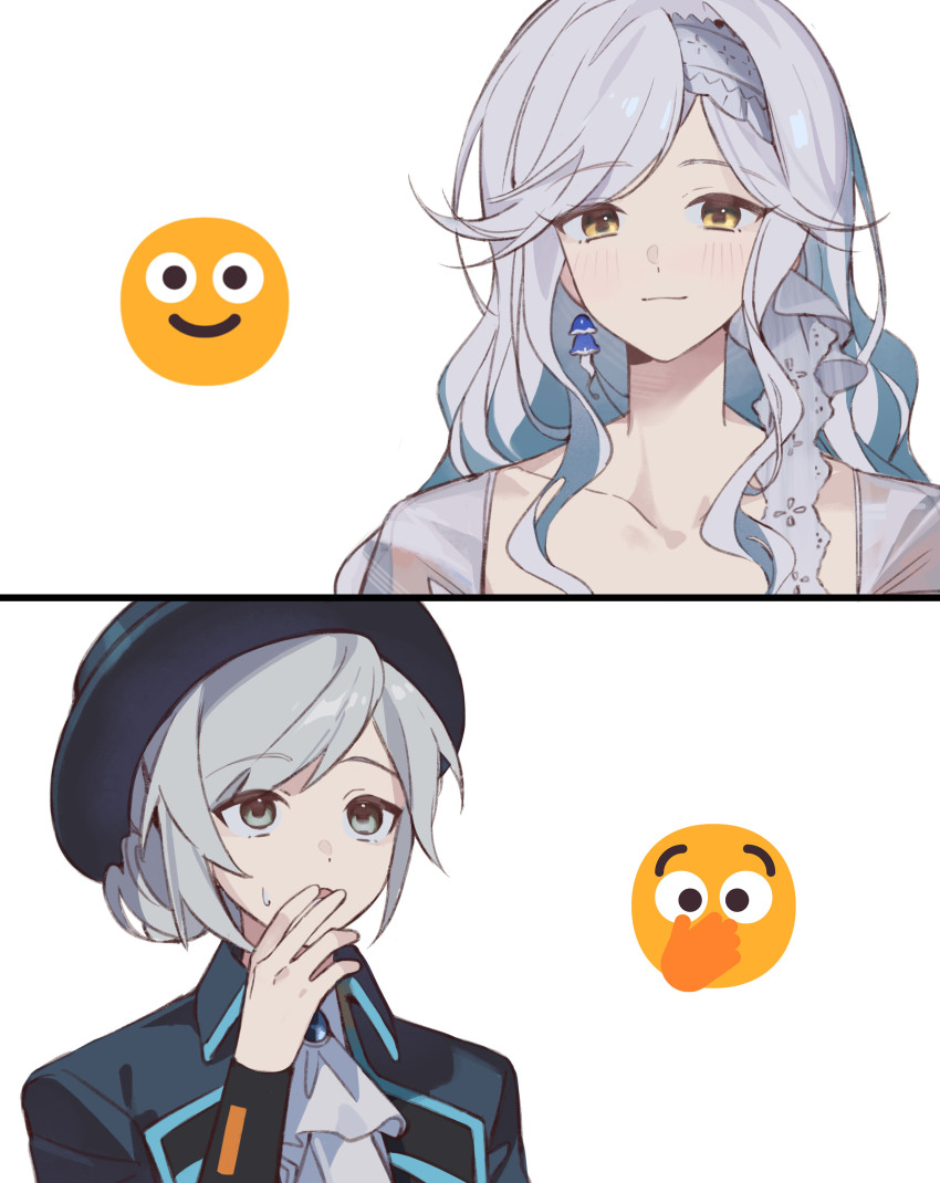 2girls, absurdres, ascot, black_coat, black_hat, boater_hat, coat, covering_own_mouth