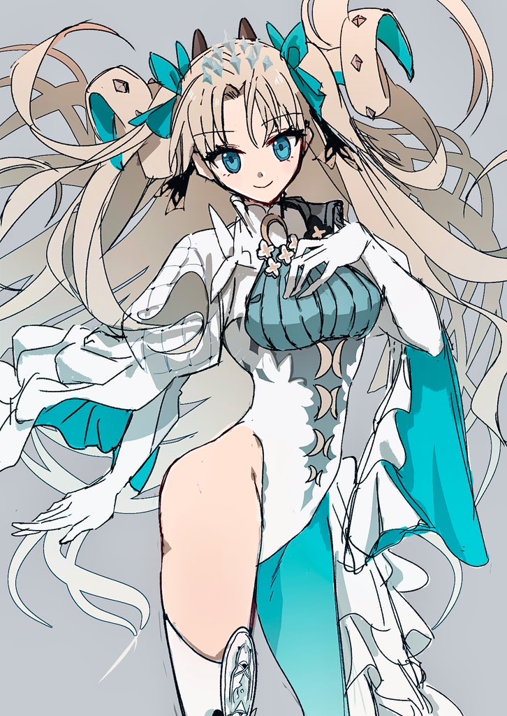 1girl, blonde_hair, blue_eyes, blue_pantyhose, blue_ribbon, breasts, curled_horns, curtained_hair