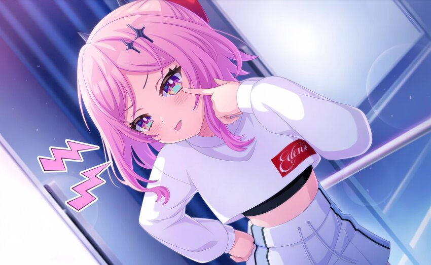 1girl, bare_arms, blush, child, dot_nose, eyebrows, eyelashes, fudeshima_shigure, game_cg, hair_between_eyes, hand_up, highres, idol, long_sleeves, looking_at_viewer, official_art, open_mouth, pink_eyes, pink_hair, sidelocks, solo, standing, stomach, tongue, tongue_out, world_dai_star