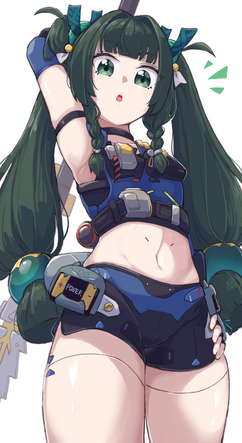 1girl, absurdres, android, arm_up, armpits, battery, black_choker, braid, choker, commentary_request, cowboy_shot, fingernails, green_eyes, green_hair, hair_ornament, hand_on_own_thigh, highres, holding, holding_staff, holding_weapon, loli, long_hair, looking_at_viewer, midriff, navel, nemu7777, notice_lines, petite, police, police_uniform, policewoman, qingyi_(zenless_zone_zero), robot_girl, shorts, side_braids, simple_background, sphere_hair_ornament, staff, thighs, twintails, very_long_hair, weapon, white_background, zenless_zone_zero