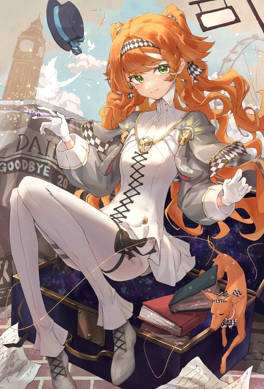 1girl, absurdres, asymmetrical_sidelocks, black_hat, blue_bow, blue_sky, boater_hat, book