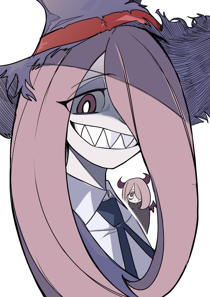 2girls, absurdres, bat_wings, black_ribbon, demon_girl, demon_horns, grin, hair_over_one_eye