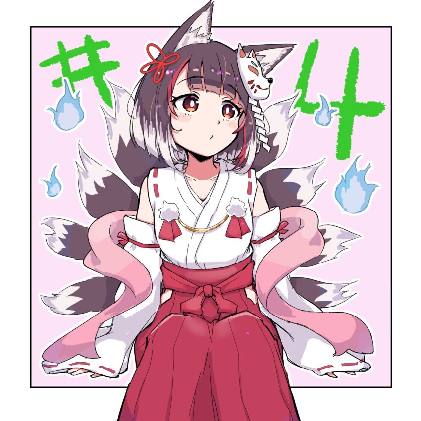 1girl, bare_shoulders, brown_hair, detached_sleeves, fox_girl, fox_tail, japanese_clothes, kaminari_shion