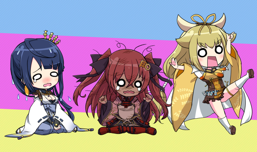 3girls, arm_up, arm_warmers, armor, blonde_hair, blue_hair, blue_sash, burnt, cape, cleavage_cutout, clothing_cutout, commentary_request, cow_horns, dress, fake_horns, goou_yoshimitsu, hair_flaps, hair_ornament, hair_ribbon, hair_stick, hairclip, hands_up, horns, japanese_armor, japanese_clothes, jouizumi_masamune, kimono, kuwana_gou_(tenka_hyakken), leg_up, long_hair, long_sleeves, low_ponytail, medicine_bottle, multiple_girls, orange-bird, ponytail, raised_eyebrows, rectangular_mouth, red_hair, red_kimono, ribbon, ribbon_trim, sandals, sash, seiza, simple_background, sitting, suneate, swept_bangs, teardrop, tenka_hyakken, thick_eyebrows, thighhighs, two_side_up, v_arms, waist_cape, wariza, wavy_mouth, wet, white_cape, white_thighhighs, wide_oval_eyes, wide_sleeves, yellow_dress, zouri