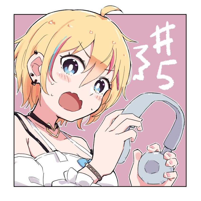1girl, black_choker, blonde_hair, blue_eyes, blush, choker, earrings, headphones, jewelry, ki-ro-to, off-shoulder_shirt, off_shoulder, piercing, shirt, short_hair, solo, vtuber_nandaga_haishin_kiriwasuretara_densetsu_ni_natteta, yanagase_chami