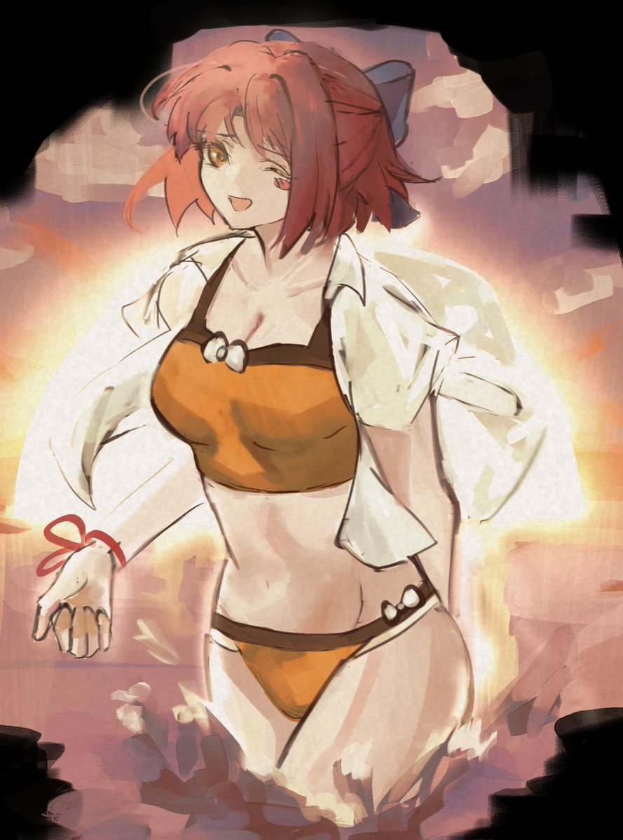 1girl, ahoge, alternate_costume, arm_behind_back, beach, bikini, black_border, blush