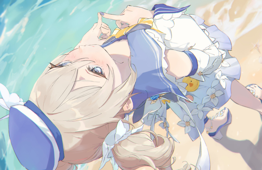 1girl, barbara_(genshin_impact), barbara_(summertime_sparkle)_(genshin_impact), beach, blue_eyes, blue_hat, blue_nails, blue_sailor_collar, blush, brown_hair, closed_mouth, commentary_request, dress, full_body, genshin_impact, hat, highres, hst_426, leaning_back, long_hair, long_sleeves, looking_at_viewer, nail_polish, nose_blush, ocean, own_fingers_together, sailor_collar, sand, sandals, solo, standing, twintails, water, white_dress