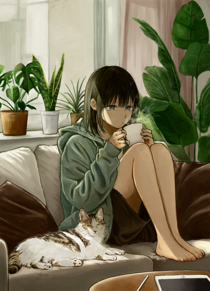 1girl, bare_legs, barefoot, black_hair, black_skirt, blowing_on_food, brown_pillow, cat