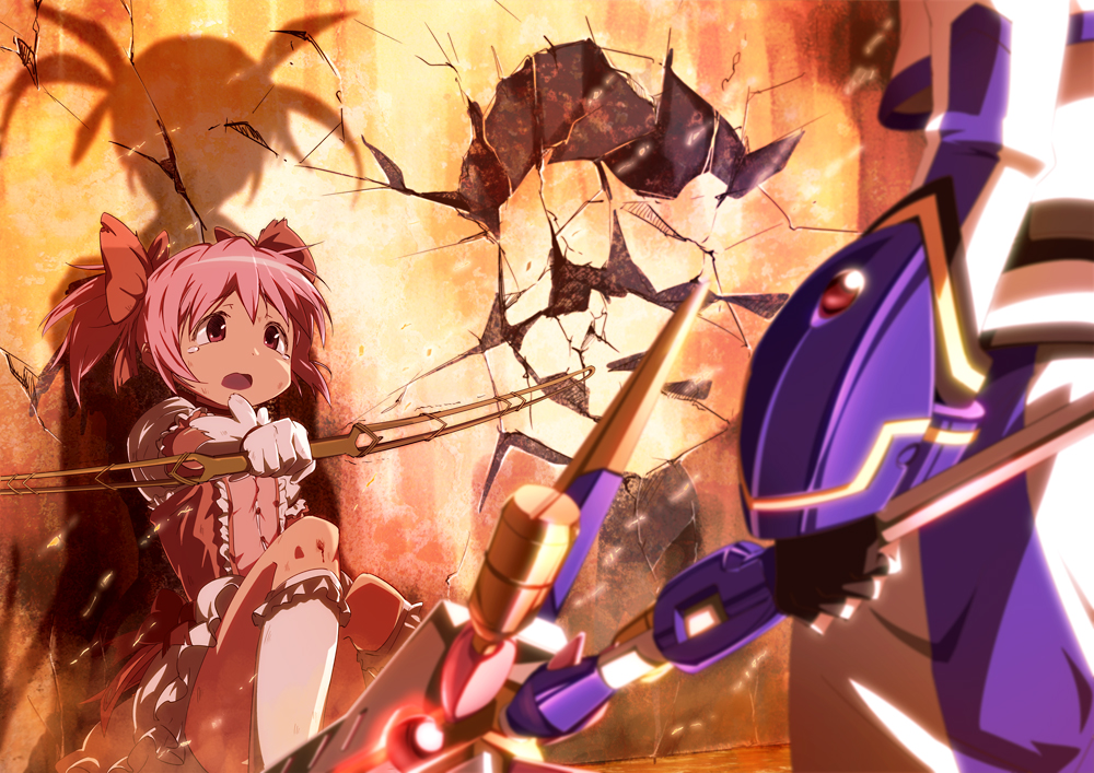 2girls, against_wall, battle, bow_(weapon), bun150, crack, crossover, impending_doom, kaname_madoka, kaname_madoka_(magical_girl), kneehighs, lyrical_nanoha, mahou_shoujo_lyrical_nanoha, mahou_shoujo_madoka_magica, mahou_shoujo_madoka_magica_(anime), multiple_girls, official_style, outstretched_arm, pink_hair, raising_heart, raising_heart_(cannon_mode), scared, shadow, short_hair, sitting, socks, takamachi_nanoha, takamachi_nanoha_(movie_1st_mode), tears, weapon, white_devil, white_legwear