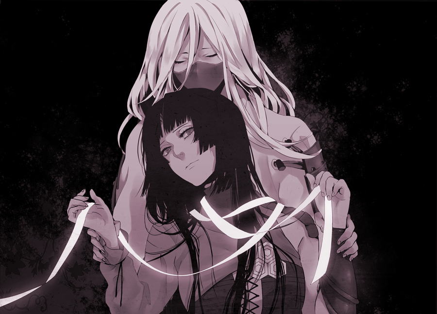 1boy, 1girl, akechi_mitsuhide_(sengoku_basara), asymmetrical_sleeves, black_background, closed_eyes, closed_mouth, greyscale