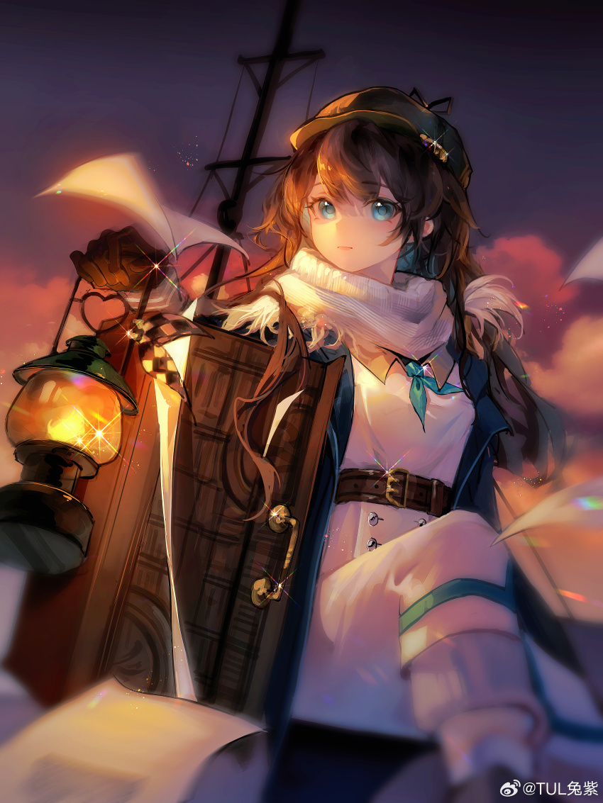 1girl, absurdres, belt, black_footwear, blue_coat, blue_eyes, blue_neckerchief, blurry