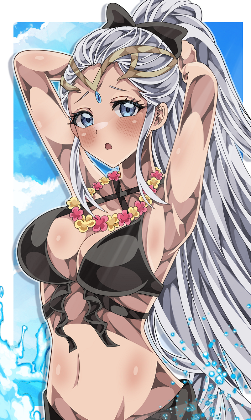 1girl, armpits, arms_up, bikini, black_bikini, blue_eyes, blush, bow