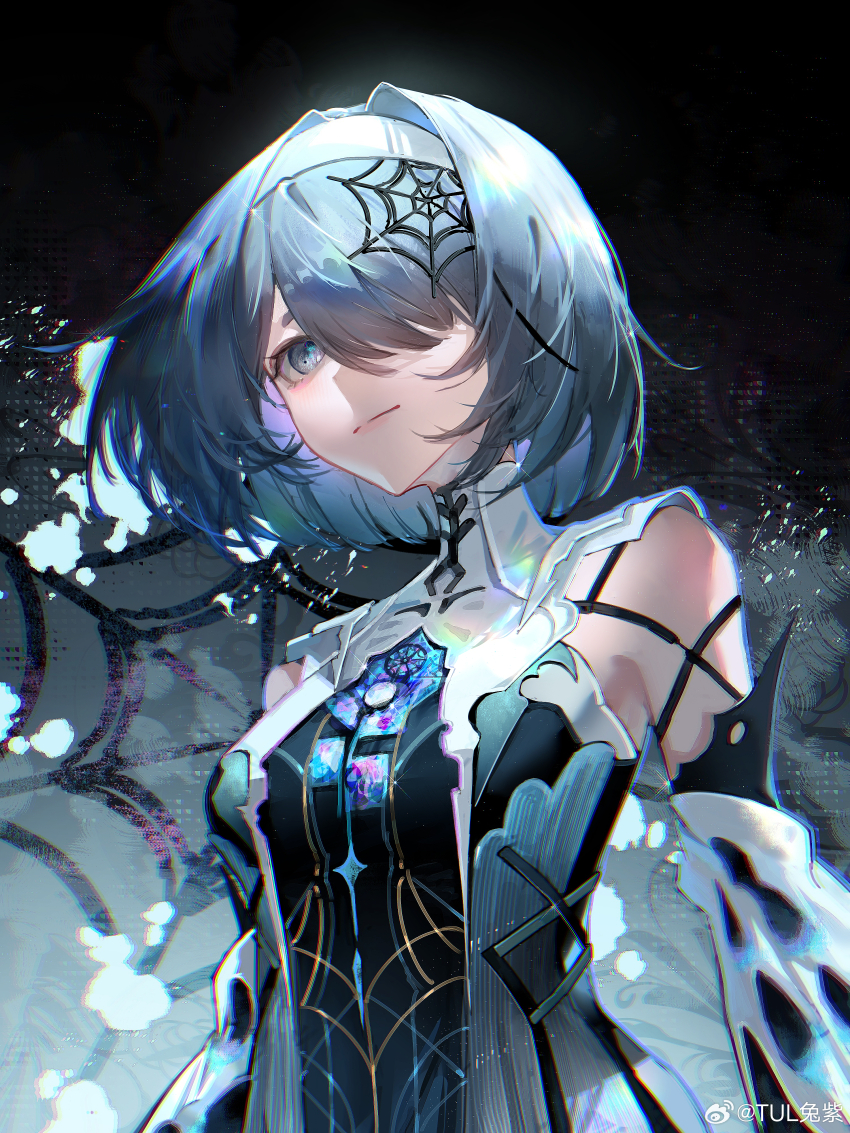 1girl, absurdres, alisa:_echo_(pgr), alisa:_echo_(twilight_veil)_(pgr), alisa_(pgr), bare_shoulders, black_background, black_shirt