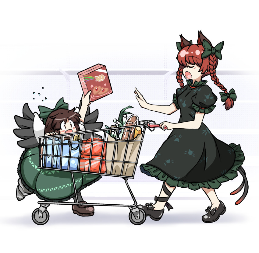 2girls, alternate_height, animal_ears, animal_print, black_dress, black_footwear, black_wings, blush_stickers