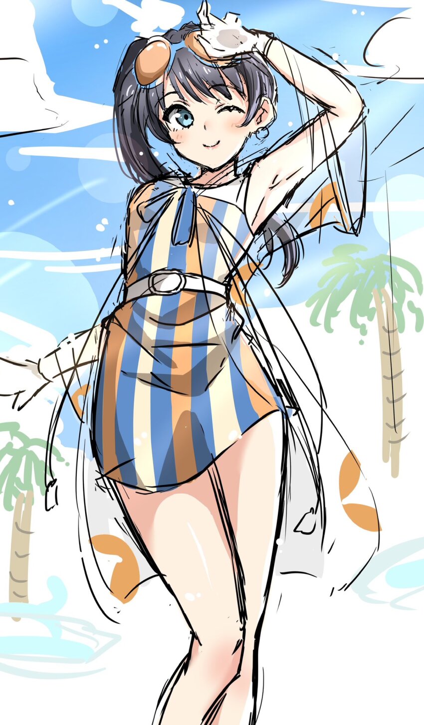 1girl, ;), ameagari_street_(love_live!), arm_up, armpits, bien_(djpwjd1), black_hair, blue-framed_eyewear, blue_dress, blue_eyes, blue_hair, blue_sky, blush, breasts, closed_mouth, dark_blue_hair, dress, eyewear_on_head, feet_out_of_frame, gloves, highres, link!_like!_love_live!, long_hair, long_sleeves, love_live!, medium_breasts, mole, mole_on_neck, murano_sayaka, official_alternate_costume, official_alternate_hairstyle, one-hour_drawing_challenge, one_eye_closed, orange-tinted_eyewear, orange_dress, palm_tree, ponytail, raincoat, see-through_clothes, see-through_raincoat, short_dress, sideways_glance, sky, sleeveless, sleeveless_dress, smile, solo, striped_clothes, striped_dress, sunglasses, tinted_eyewear, tree, vertical-striped_clothes, vertical-striped_dress, virtual_youtuber, white_gloves, yellow_dress