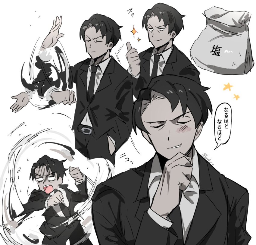 1boy, black_hair, black_jacket, black_necktie, collared_shirt, colored_skin, grey_skin, hand_up