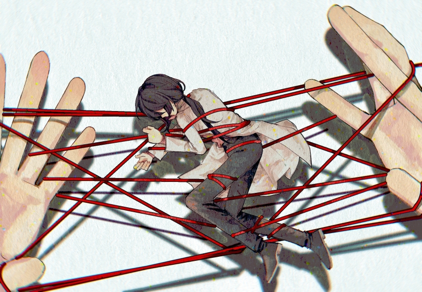 1boy, black_hair, black_pants, black_shoes, cat's_cradle, chinese_commentary, commentary_request, highres