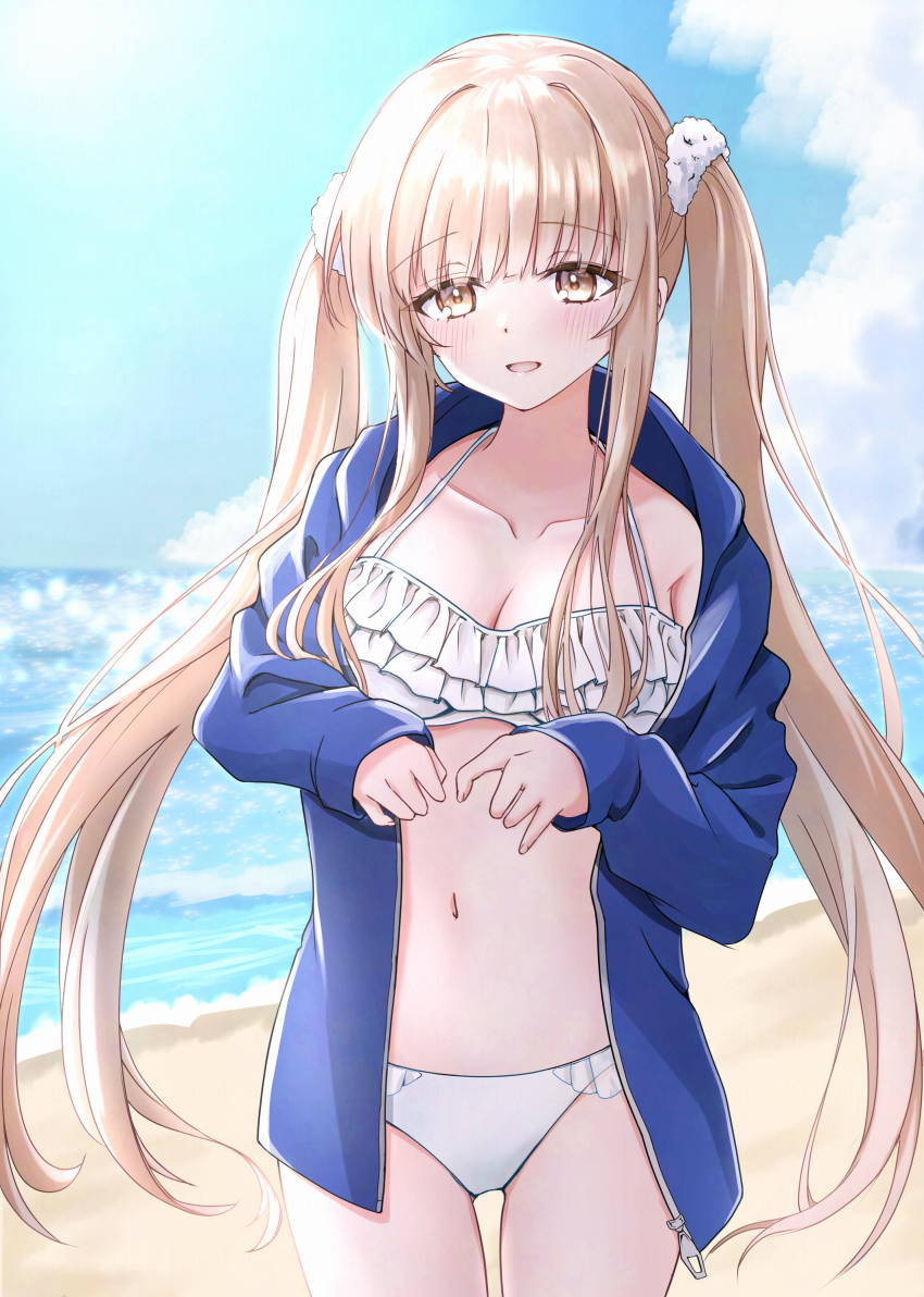1girl, absurdres, alternate_hairstyle, bikini, blonde_hair, blue_sweater, breasts, brown_eyes, cleavage, collarbone, cowboy_shot, frilled_bikini, frills, gluteal_fold, highres, large_breasts, long_hair, long_sleeves, looking_at_viewer, navel, otonari_no_tenshi-sama_ni_itsu_no_mani_ka_dame_ningen_ni_sarete_ita_ken, shiina_mahiru_(otonari_no_tenshi-sama), smile, solo, sweater, swimsuit, take20131004, twintails, white_bikini