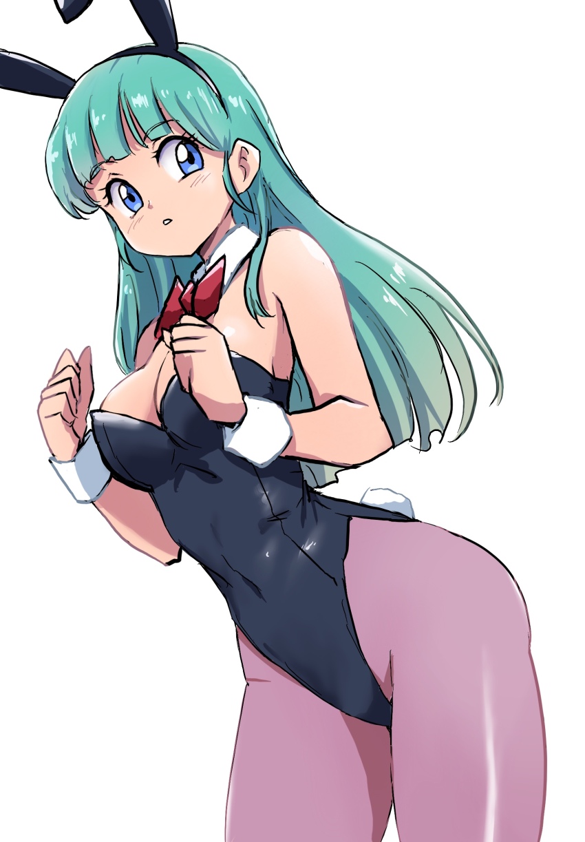 1girl, animal_ears, aqua_hair, black_leotard, blue_eyes, bow, bowtie, breasts, bulma, cowboy_shot, detached_collar, dragon_ball, dragon_ball_(classic), female_focus, highres, ikaringo_(ikaringo4444), leotard, long_hair, medium_breasts, pantyhose, playboy_bunny, purple_pantyhose, rabbit_ears, rabbit_tail, red_bow, red_bowtie, simple_background, solo, strapless, strapless_leotard, tail, white_background, wrist_cuffs